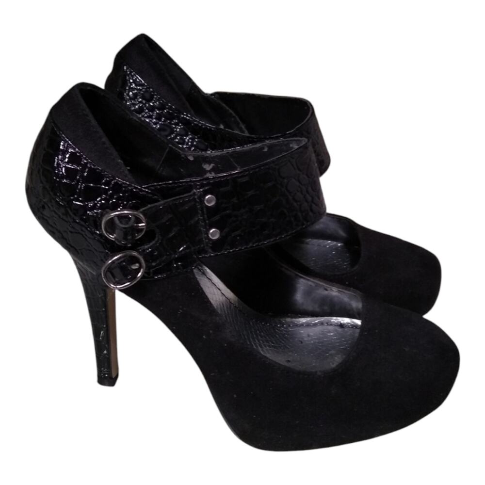 🎄2/$10🎄[H183] Bamboo Black Suede Double Strap Stiletto Heels, Size 8